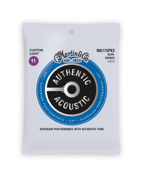 Martin MA175 Authentic Acoustic SP 80/20 Custom Light Guitar Strings. 11-52 (3 Pack)