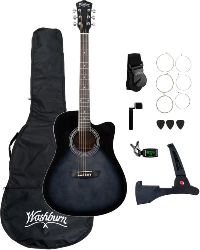 Washburn WA90CETBBPACK Learn & Play Pack Acoustic Electric Guitar Bundle. Transparent Black Burst