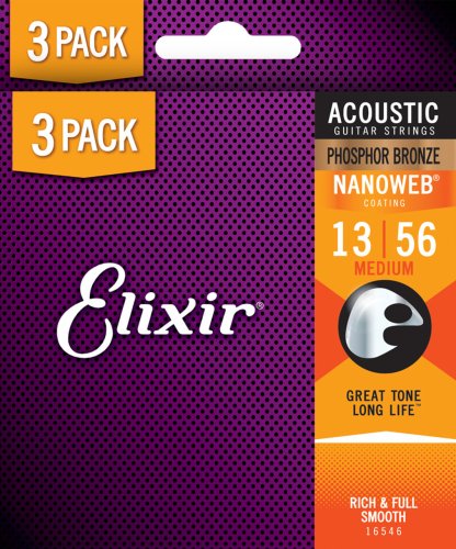 Elixir 16546X Phosphor Bronze Acoustic Guitar Strings with NANOWEB. Medium (13-56) 3-Pack
