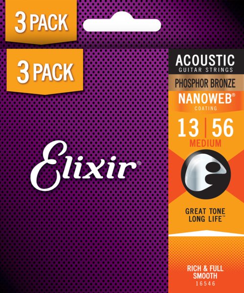 Elixir 16546X Phosphor Bronze Acoustic Guitar Strings with NANOWEB. Medium (13-56) 3-Pack