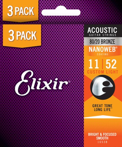 Elixir 16538X 80/20 Bronze Acoustic Guitar Strings with NANOWEB. Custom Light (11-52) 3-Pack