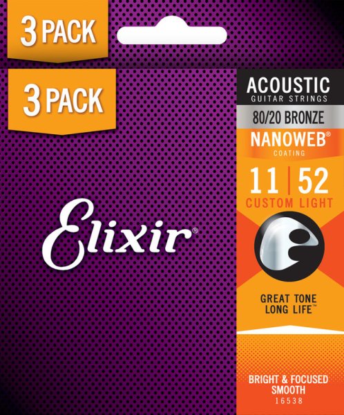 Elixir 16538X 80/20 Bronze Acoustic Guitar Strings with NANOWEB. Custom Light (11-52) 3-Pack