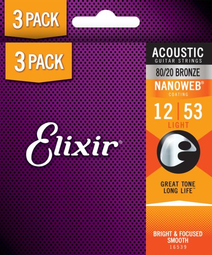 Elixir 16539X 80/20 Bronze Acoustic Guitar Strings with NANOWEB. Light (12-53) 3-Pack