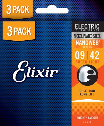 Elixir 16540X Nickel Plated Steel Electric Guitar Strings with NANOWEB. Super Light (9-42) 3-Pack