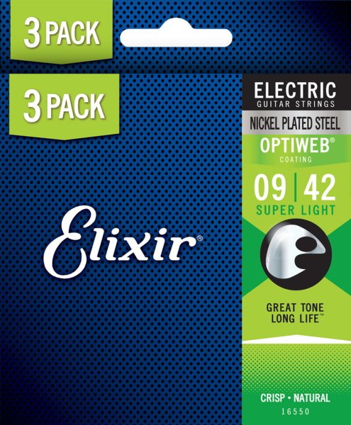 Elixir 16550X Nickel Plated Steel Electric Guitar Strings with OPTIWEB. Super Light (9-42) 3-Pack