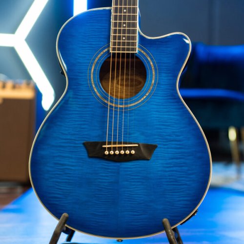 Washburn EA15 Festival Series Mini Jumbo Cutaway Acoustic Electric Guitar. Flame Transparent Blue