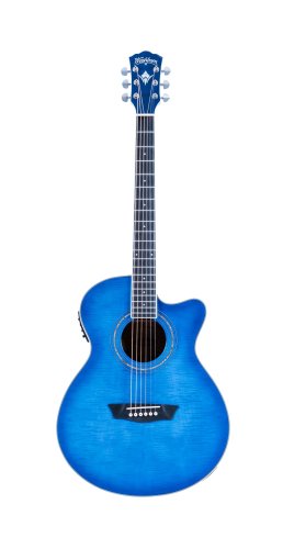 Washburn EA15 Festival Series Mini Jumbo Cutaway Acoustic Electric Guitar. Flame Transparent Blue