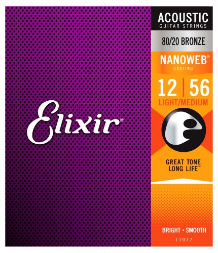 Elixir 11077 80/20 Bronze Acoustic Guitar Strings with NANOWEB. Light Medium 12-56