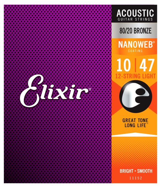 Elixir 11152 80/20 Bronze (12 String) Acoustic Guitar Strings with NANOWEB. Light 10-47 & 10-27