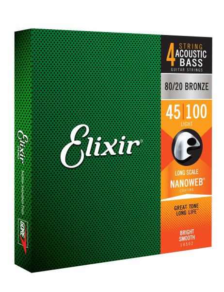 Elixir 14502 80/20 Bronze Acoustic (4 String) Bass Guitar Strings with NANOWEB. Long Scale Light 45-100