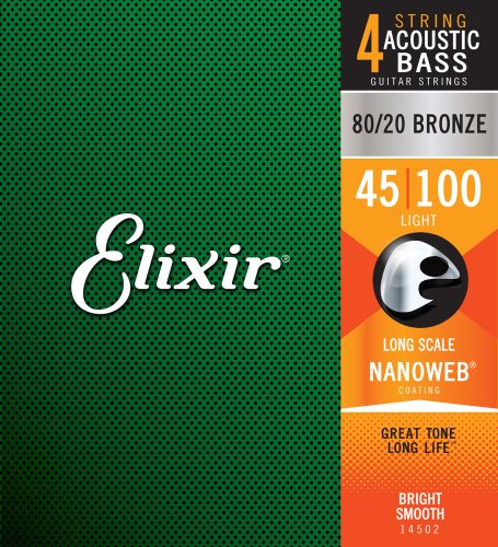 Elixir 14502 80/20 Bronze Acoustic (4 String) Bass Guitar Strings with NANOWEB. Long Scale Light 45-100