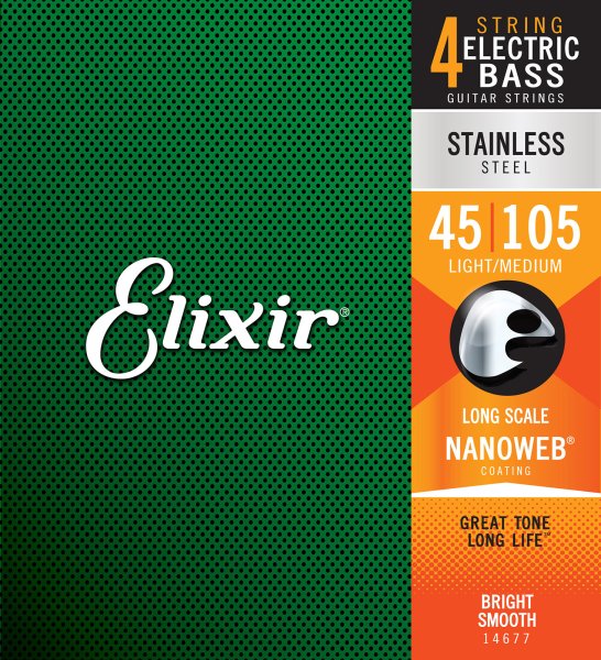 Elixir 14677 Stainless Steel (4 String) Bass Strings with NANOWEB. Long Scale Light/Medium 45-105