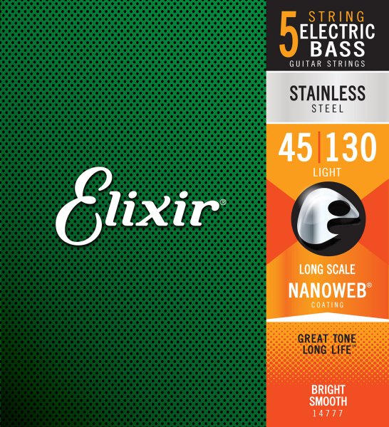 Elixir 14777 Stainless Steel (5 String) Bass Strings with NANOWEB. Long Scale Light 45-130