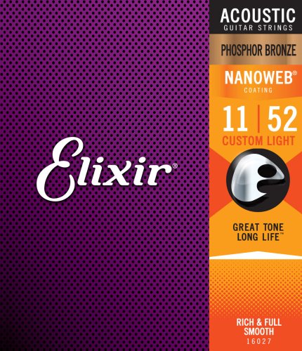 Elixir 16027 Phosphor Bronze Acoustic Guitar Strings with NANOWEB. Custom Light 11-52