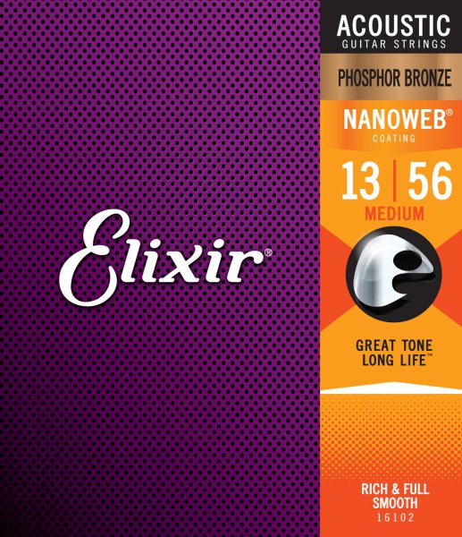 Elixir 16102 Phosphor Bronze Acoustic Guitar Strings with NANOWEB. Medium 13-56