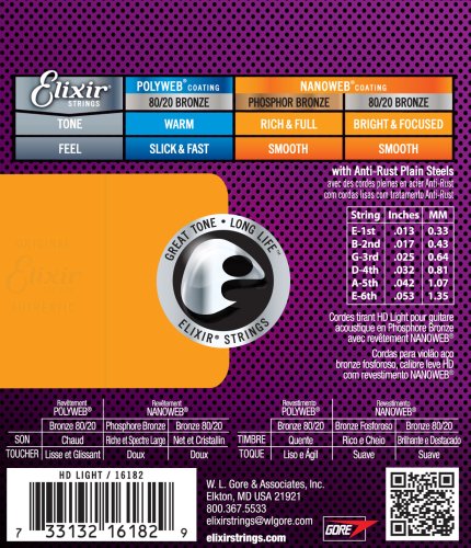 Elixir 16182 Phosphor Bronze Acoustic Guitar Strings with NANOWEB. HD Light 13-53