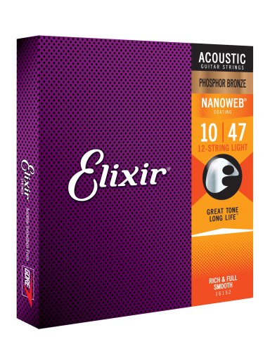 Elixir 16152 Phosphor Bronze (12 String) Acoustic Guitar Strings with NANOWEB. Light 10-47 & 10-27