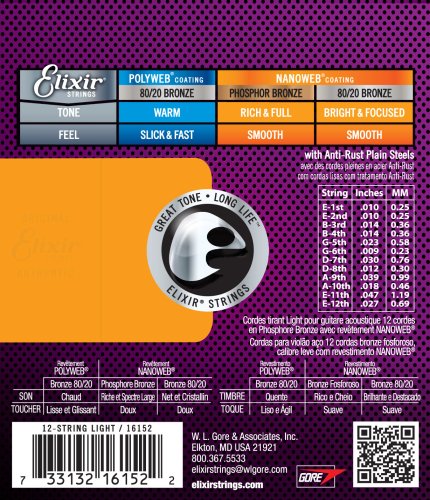 Elixir 16152 Phosphor Bronze (12 String) Acoustic Guitar Strings with NANOWEB. Light 10-47 & 10-27
