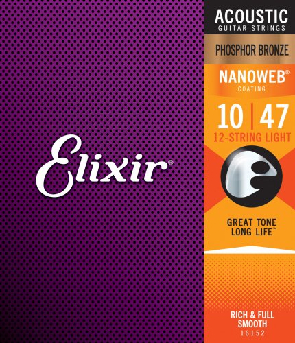 Elixir 16152 Phosphor Bronze (12 String) Acoustic Guitar Strings with NANOWEB. Light 10-47 & 10-27