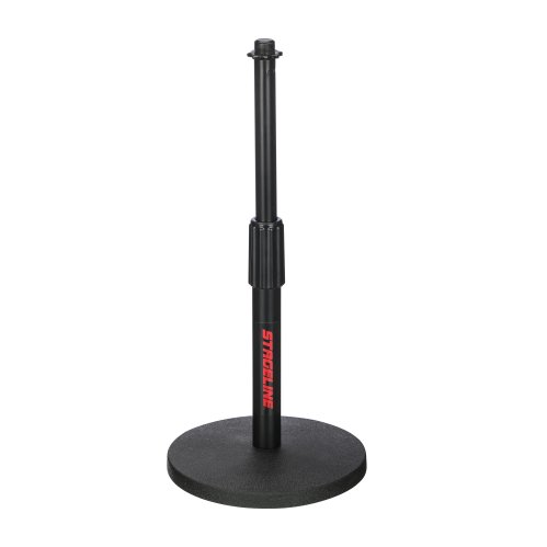 Stageline DS70BK Desktop Microphone Stand – Round Base, Adjustable Height 8.75″–13″, Heavy-Duty Metal Construction, Compact Design – Black