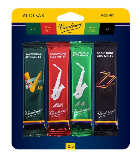 Vandoren SRMIXA25 Alto Saxophone Jazz Reed Mix Card. (1 each ZZ, V16, Java, Java Red Strength #2.5)