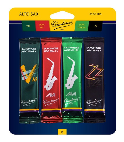 Vandoren SRMIXA3 Alto Saxophone Jazz Reed Mix Card. (1 each ZZ, V16, Java, Java Red Strength #3)
